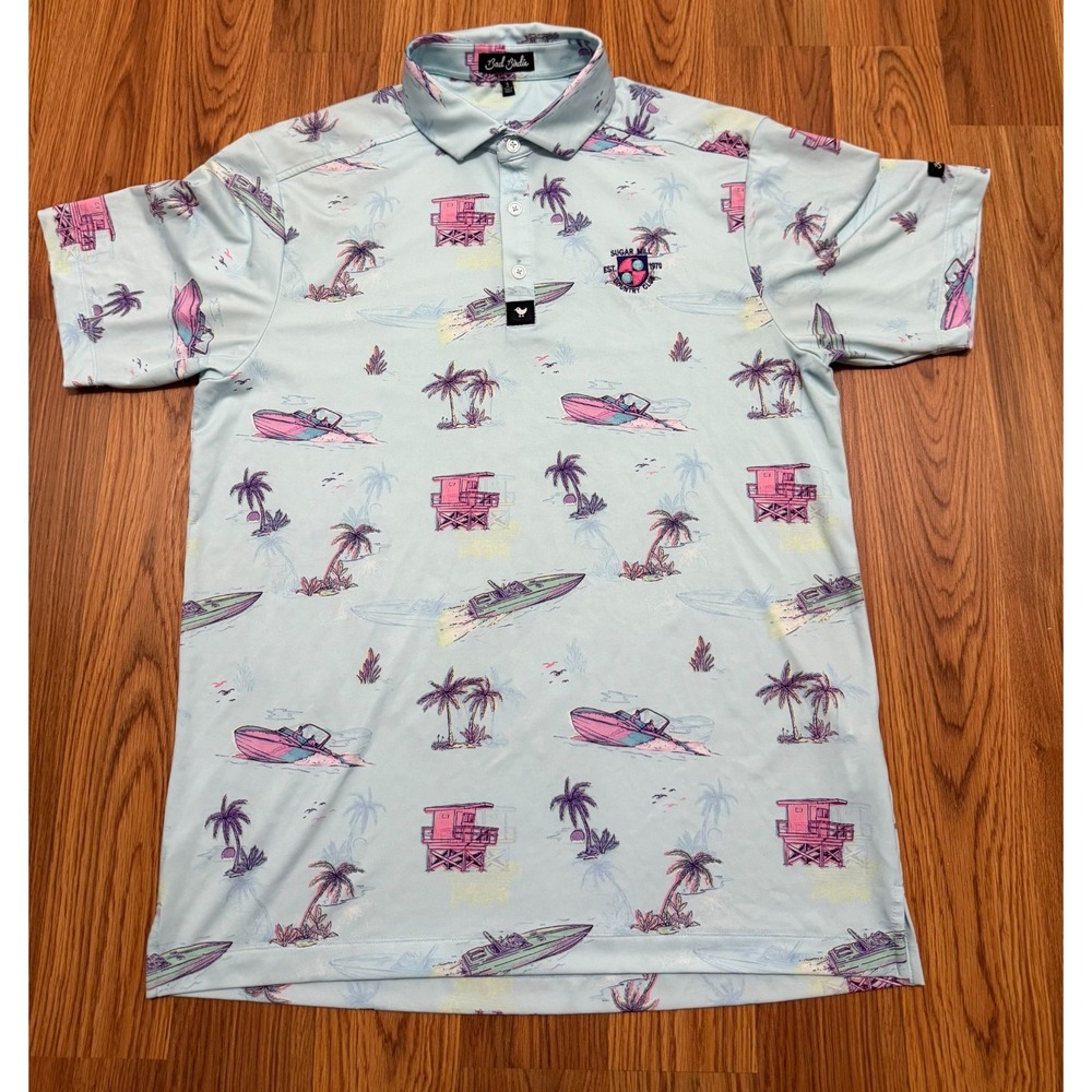 Bad Birdie Polo Shirt Mens Small Tropical Boat Palm Print Golf Performance Blue